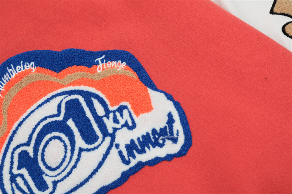 Baseballjacke für Herren mit Cartoon-Stickerei, Kontrastfarben und dicker Steppung