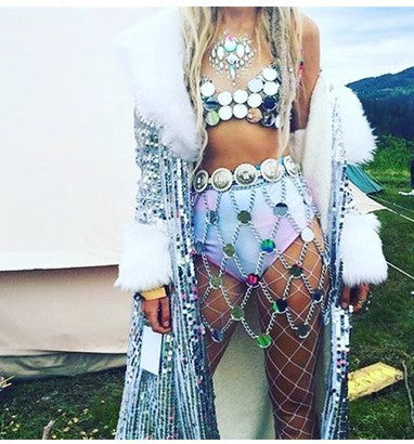 gold and silver metal chain skirt