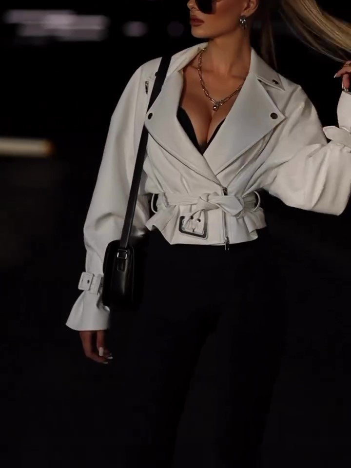Einfarbige Lederjacke im Cropped-Stil