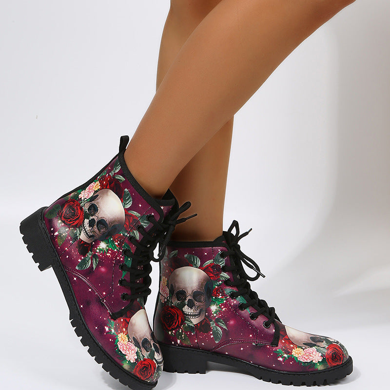 Botines de Halloween con estampado de rosas y cordones: elegantes y cómodos para mujer
