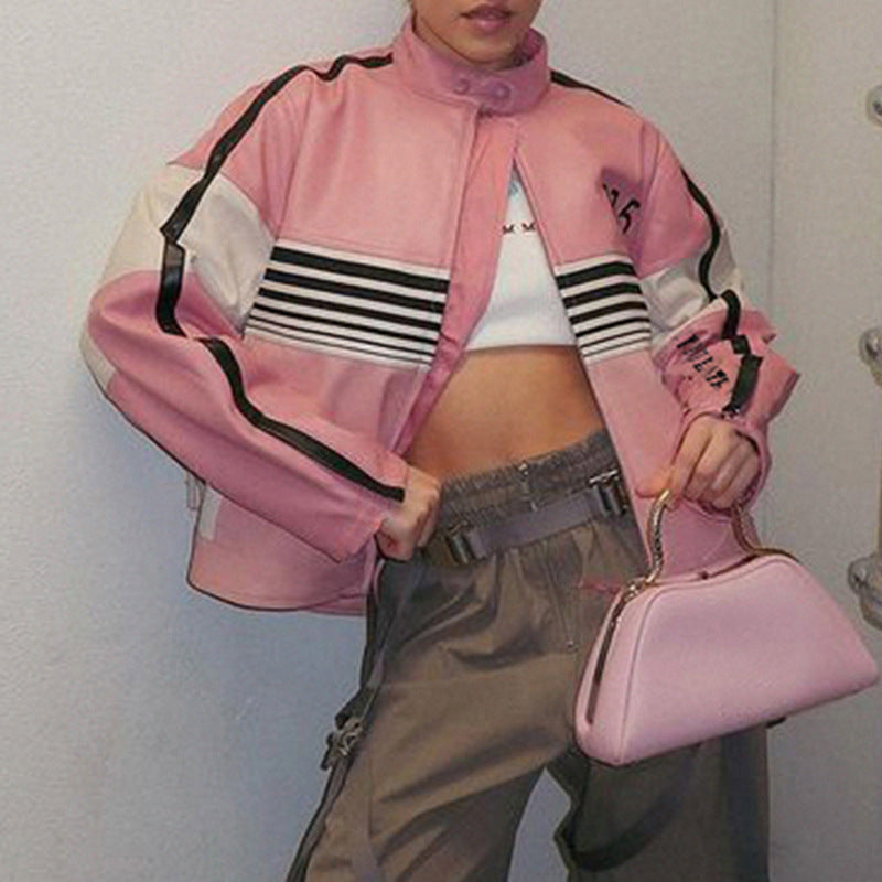 Girls' motorcycle jacket in contrasting color style