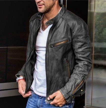 Punk-inspirierte Herren-Lederjacke mit Stehkragen – Perfekt für Herbst und Frühling