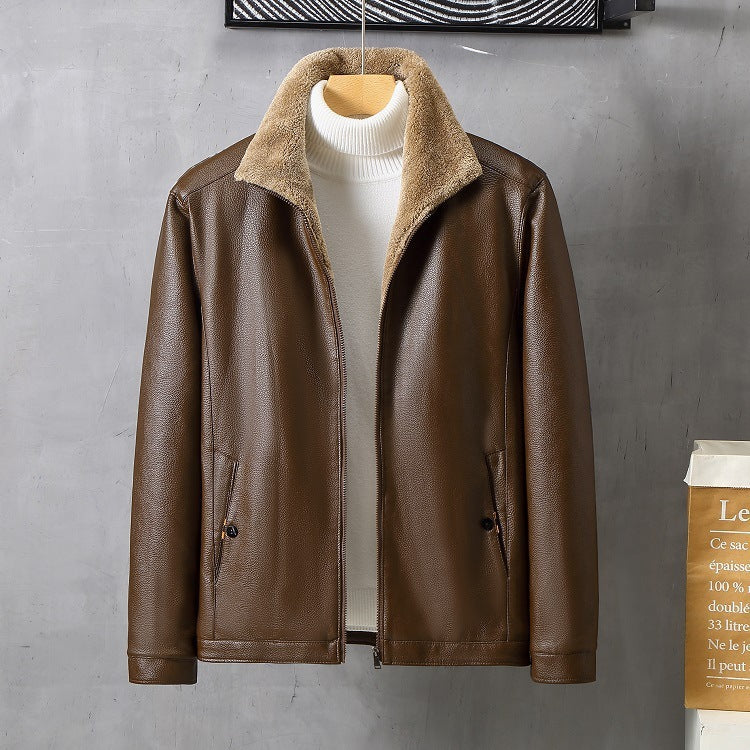 Men's leather jacket with lapels and fleece lining