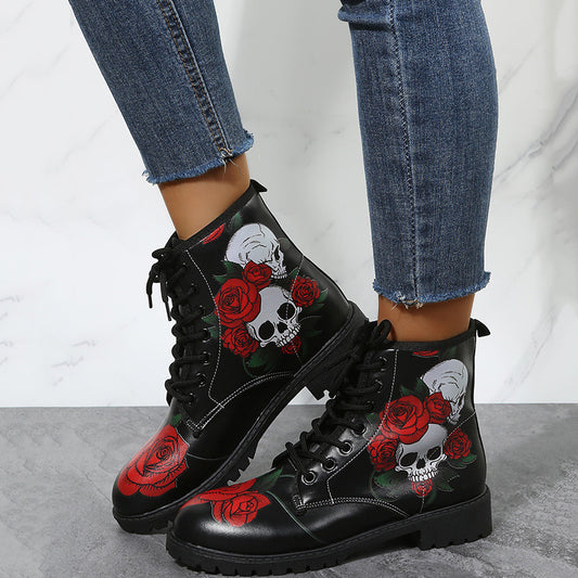 Botines de Halloween con estampado de rosas y cordones: elegantes y cómodos para mujer