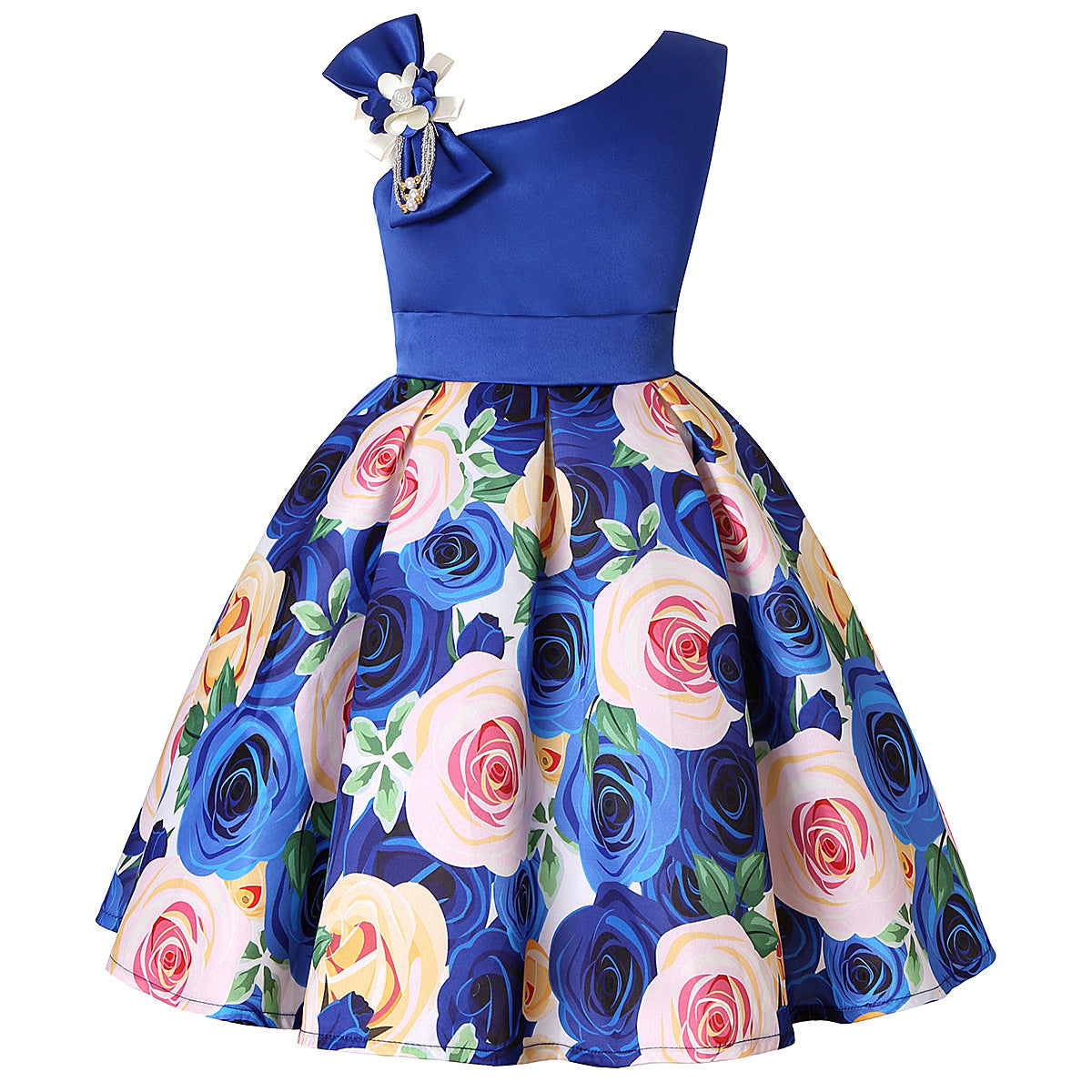 Rosenmusterkleid mit schrägen Schultern