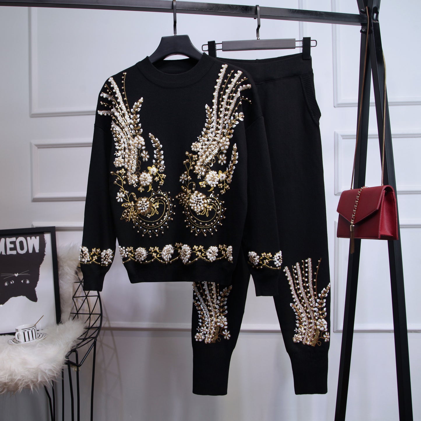 Women's Sequin Bead Long-sleeved Sweater Trousers Two-piece Set – Glamour trifft Komfort