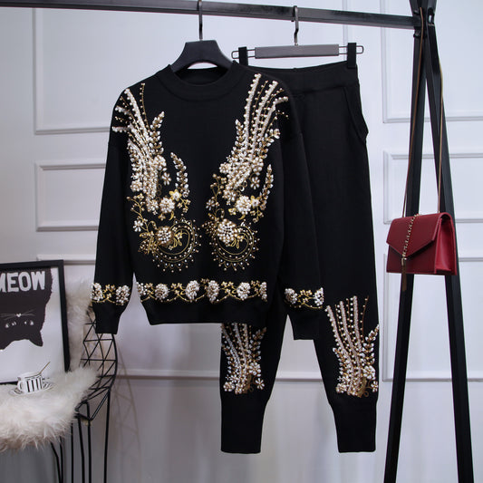 Women's Sequin Bead Long-sleeved Sweater Trousers Two-piece Set – Glamour trifft Komfort