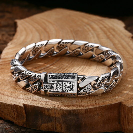 925 Sterling Silber Armband mit Tangcao-Muster – Kubanischer Stil für Männer, Dicke Variante