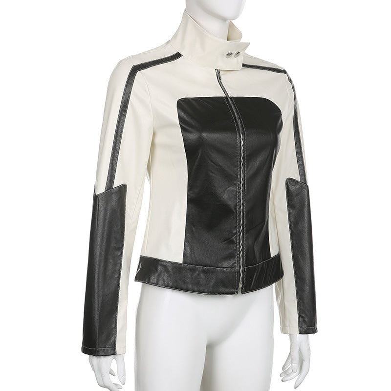 Patchwork-Lederjacke, schlank geschnitten, mit Kragen, lässig
