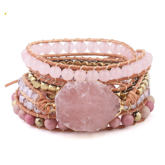 Pulsera Wrap de Cuarzo Rosa – Estilo Boho con Piedra Natural