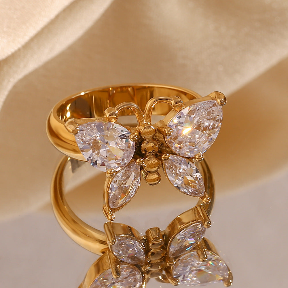Modischer Zirkonia-Schmetterlingsring – 18K Vergoldeter Edelstahl
