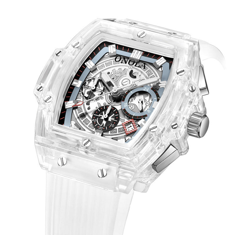 Transparent men's watch with skeleton design