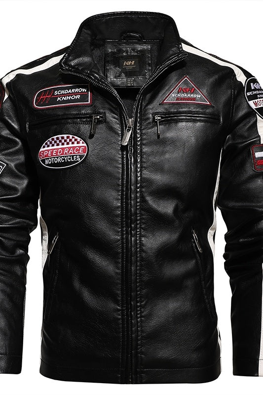 Men's Short Embroidered Slim Fit Lapel Leather Jacket for Youth
