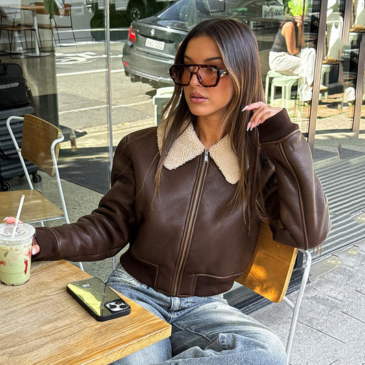 Solid faux leather jacket with knitted fur collar and zipper in basic street fashion style