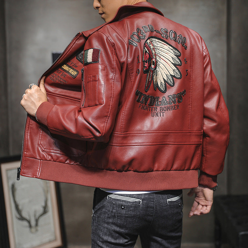 Men's PU Leather Jacket with Lapel and Embroidery in Motorcycle Style