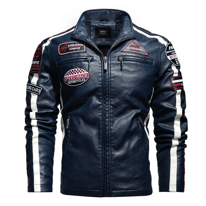 Men's Short Embroidered Slim Fit Lapel Leather Jacket for Youth