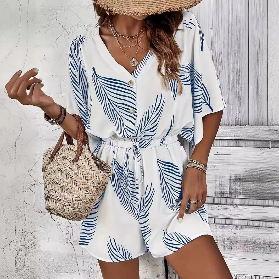 Eleganter V-Ausschnitt Jumpsuit mit Schnürung und Blumenmuster – Perfekt für deinen stilvollen Alltag