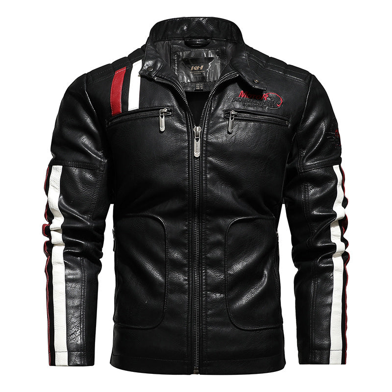 Men's Short Embroidered Slim Fit Lapel Leather Jacket for Youth