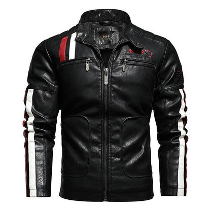 Men's Short Embroidered Slim Fit Lapel Leather Jacket for Youth