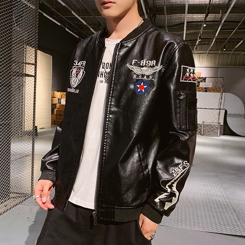Men's Motorcycle Leather Jacket, Embroidered Leather Jacket