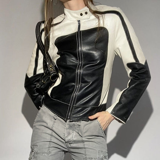 Patchwork-Lederjacke, schlank geschnitten, mit Kragen, lässig