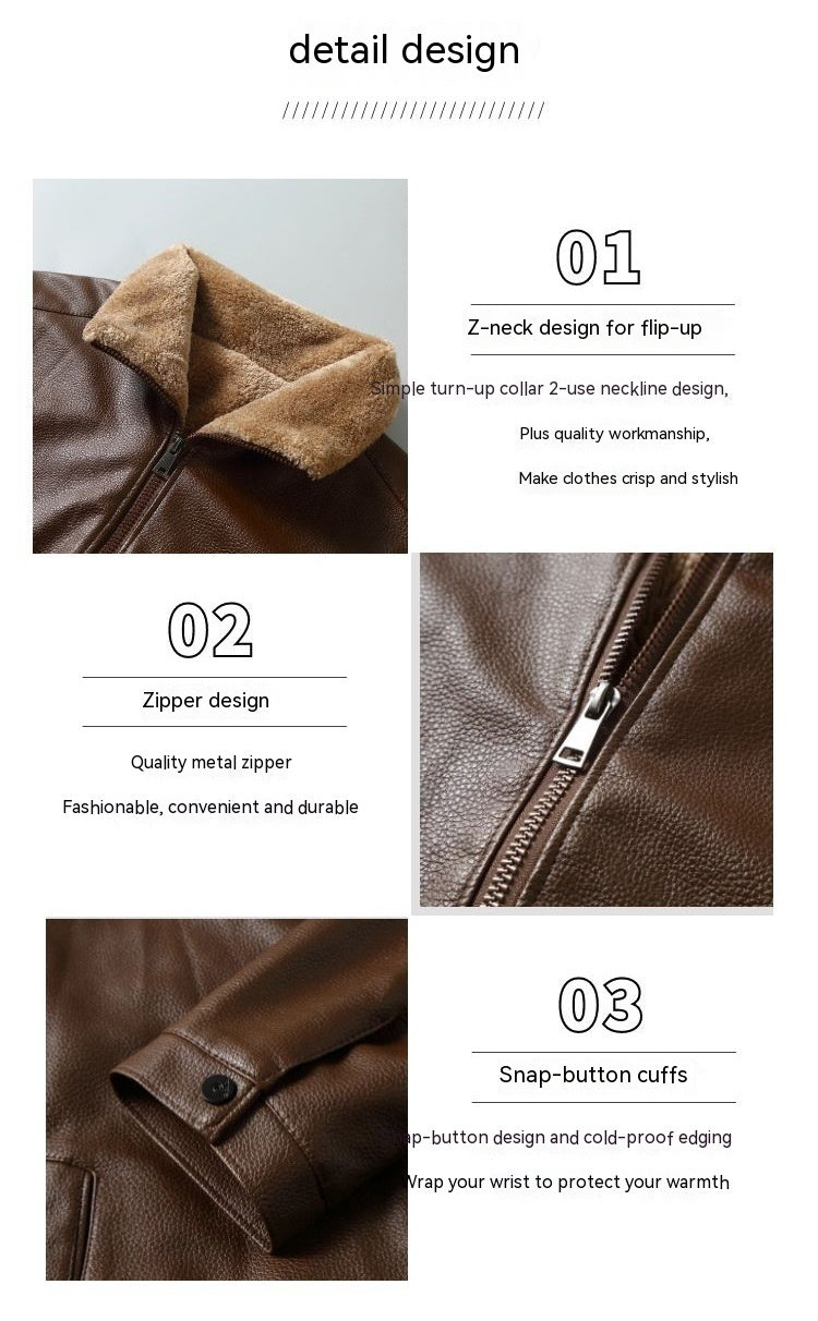 Men's leather jacket with lapels and fleece lining