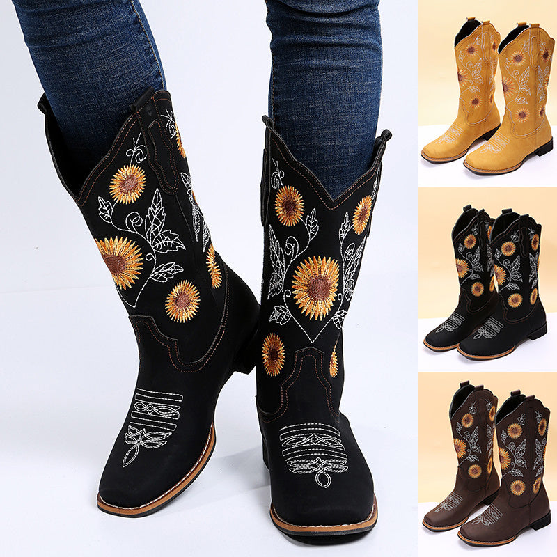 Women's Cowboy Boots - Embroidered Western Boots with Sunflower Design