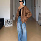 Retro Motorradbekleidung mit Revers und Samtverdicktem Pelzjacke