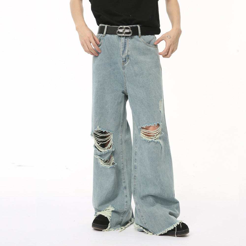 Amerikanischer Pu Shuai Burrs Tassels Broken Hole Design Denim Anzug