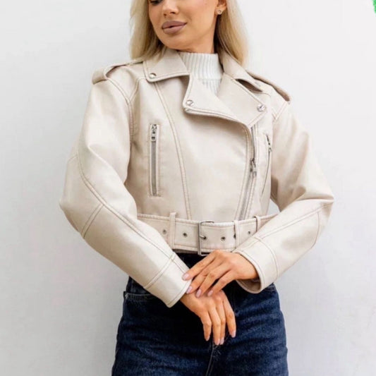 Fashionable washed faux leather motorcycle jacket with zipper