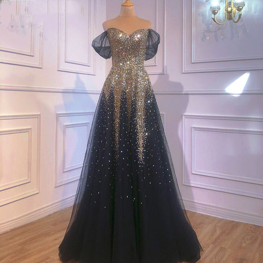 Schwarzes Gold Ein-Schulter-Bankettbraut-Toast-Abendkleid