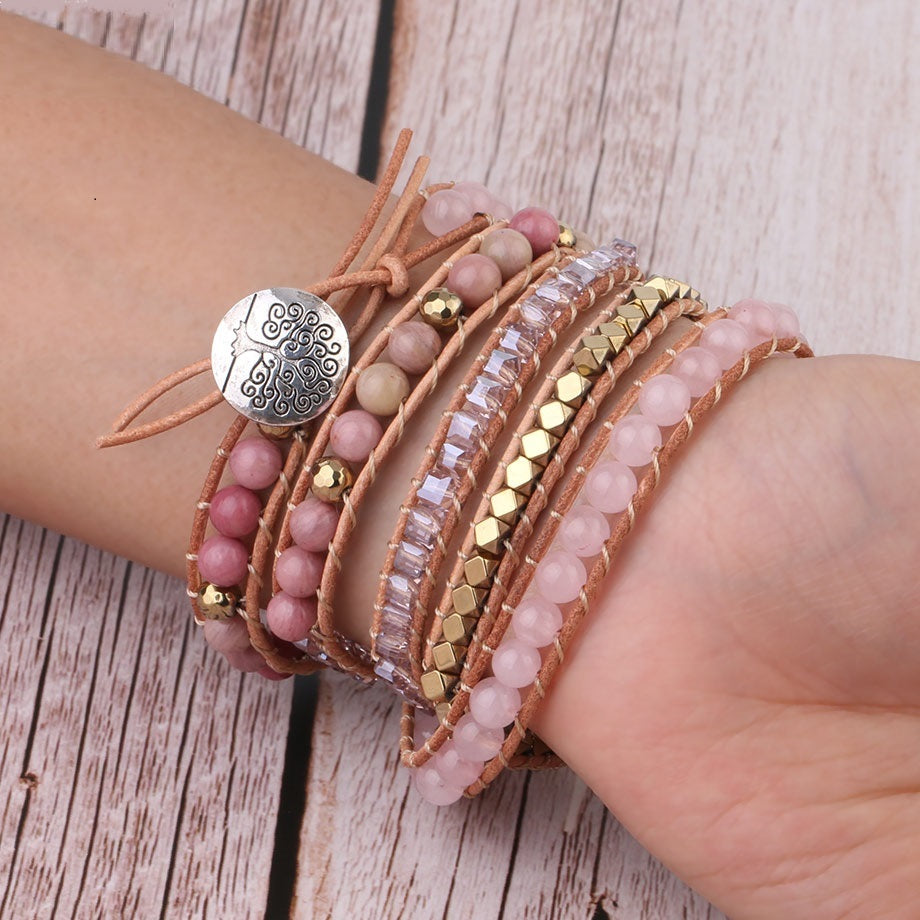 Pulsera Wrap de Cuarzo Rosa – Estilo Boho con Piedra Natural