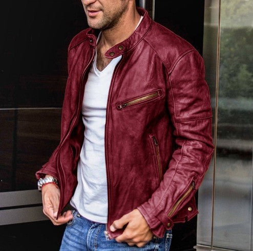 Punk-inspirierte Herren-Lederjacke mit Stehkragen – Perfekt für Herbst und Frühling