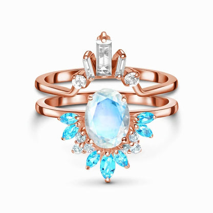 Sterlingsilber Doppelring mit Mondstein – Roségold Eleganz im Europäischen Stil