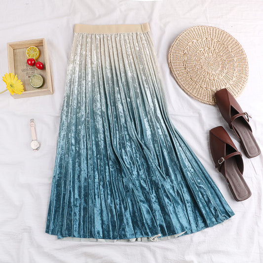 Gradient Gold Velvet Pleated Skirt 