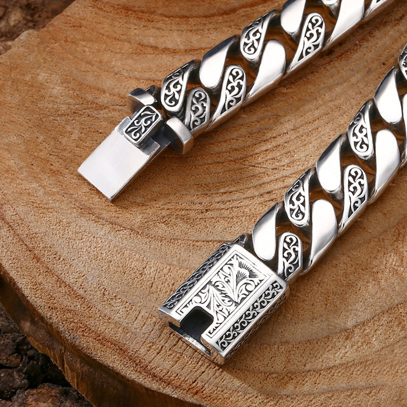 925 Sterling Silber Armband mit Tangcao-Muster – Kubanischer Stil für Männer, Dicke Variante