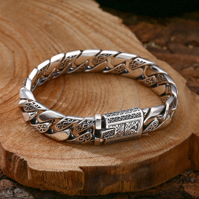 925 Sterling Silber Armband mit Tangcao-Muster – Kubanischer Stil für Männer, Dicke Variante