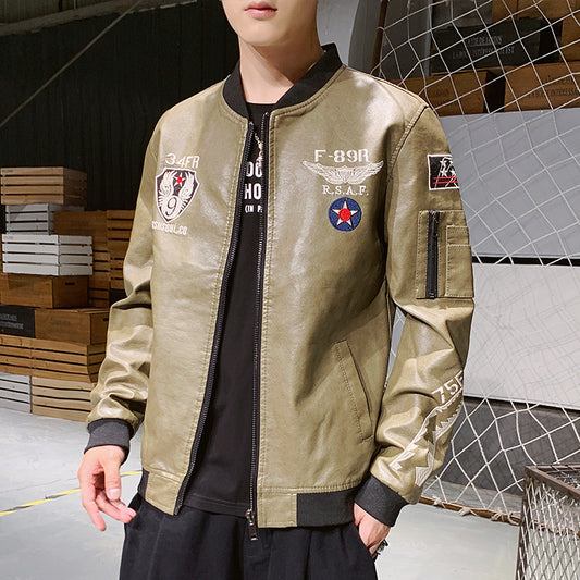 Chaqueta de cuero para moto hombre, chaqueta de cuero bordada