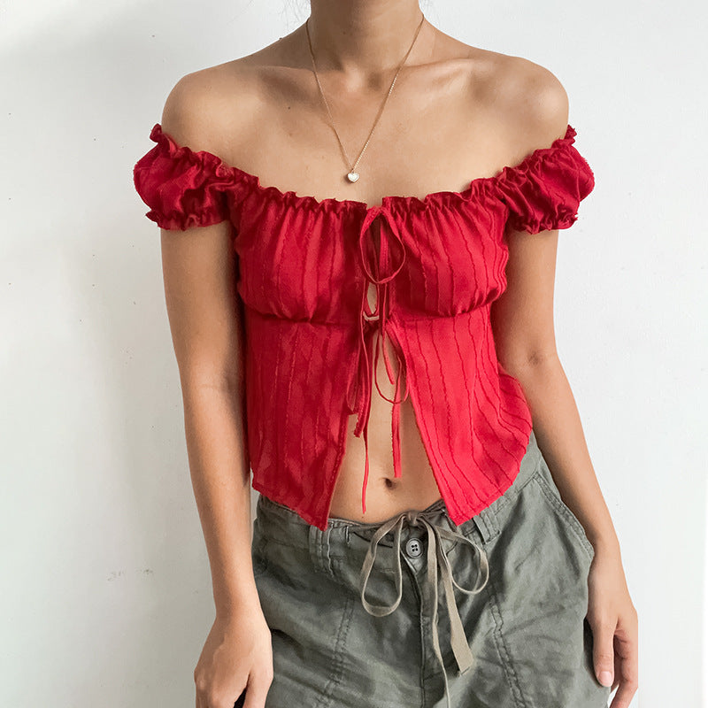 All-Match Short Sleeve Puff Sleeve Shirt with Tie Detail for Women - Street Hipster Style