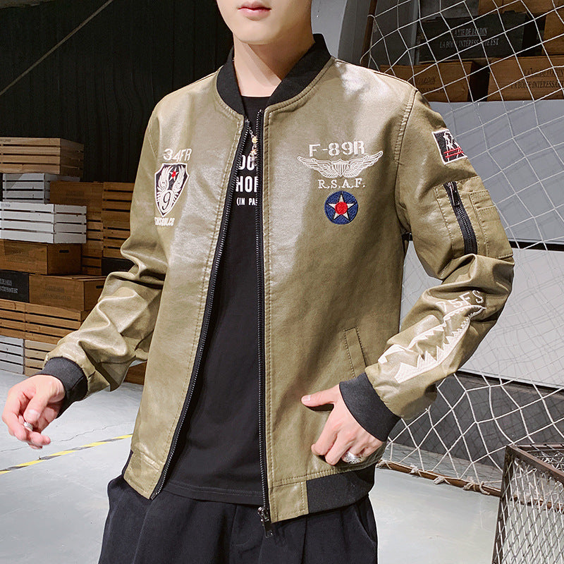 Men's Motorcycle Leather Jacket, Embroidered Leather Jacket