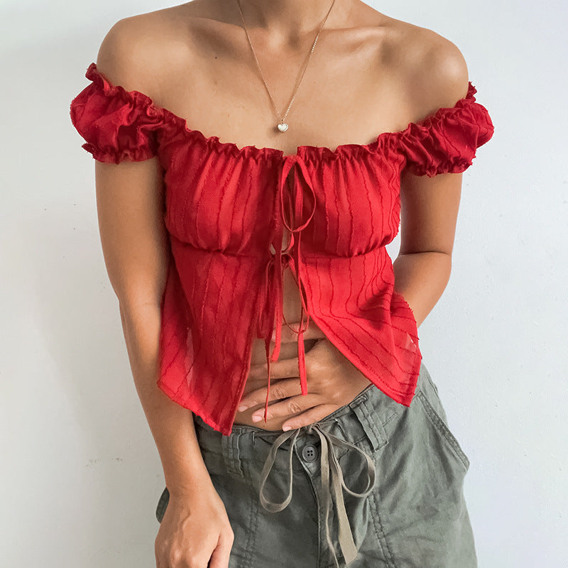 All-Match Short Sleeve Puff Sleeve Shirt with Tie Detail for Women - Street Hipster Style