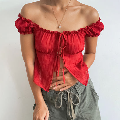All-Match Short Sleeve Puff Sleeve Shirt with Tie Detail for Women - Street Hipster Style