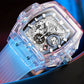 Transparent men's watch with skeleton design