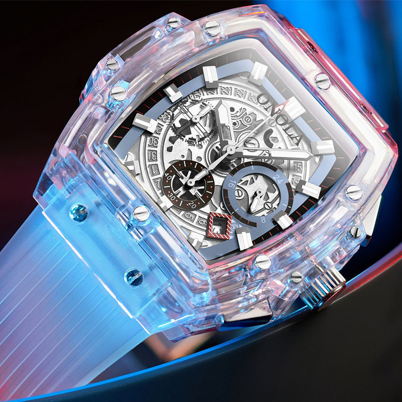 Transparent men's watch with skeleton design