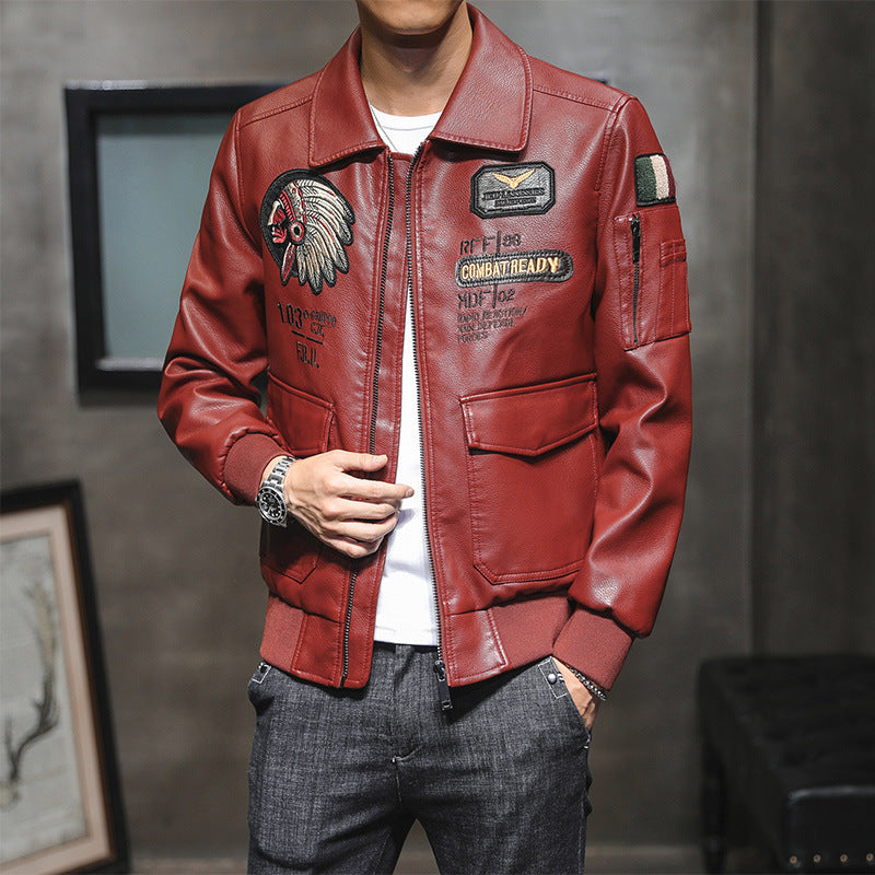 Men's PU Leather Jacket with Lapel and Embroidery in Motorcycle Style