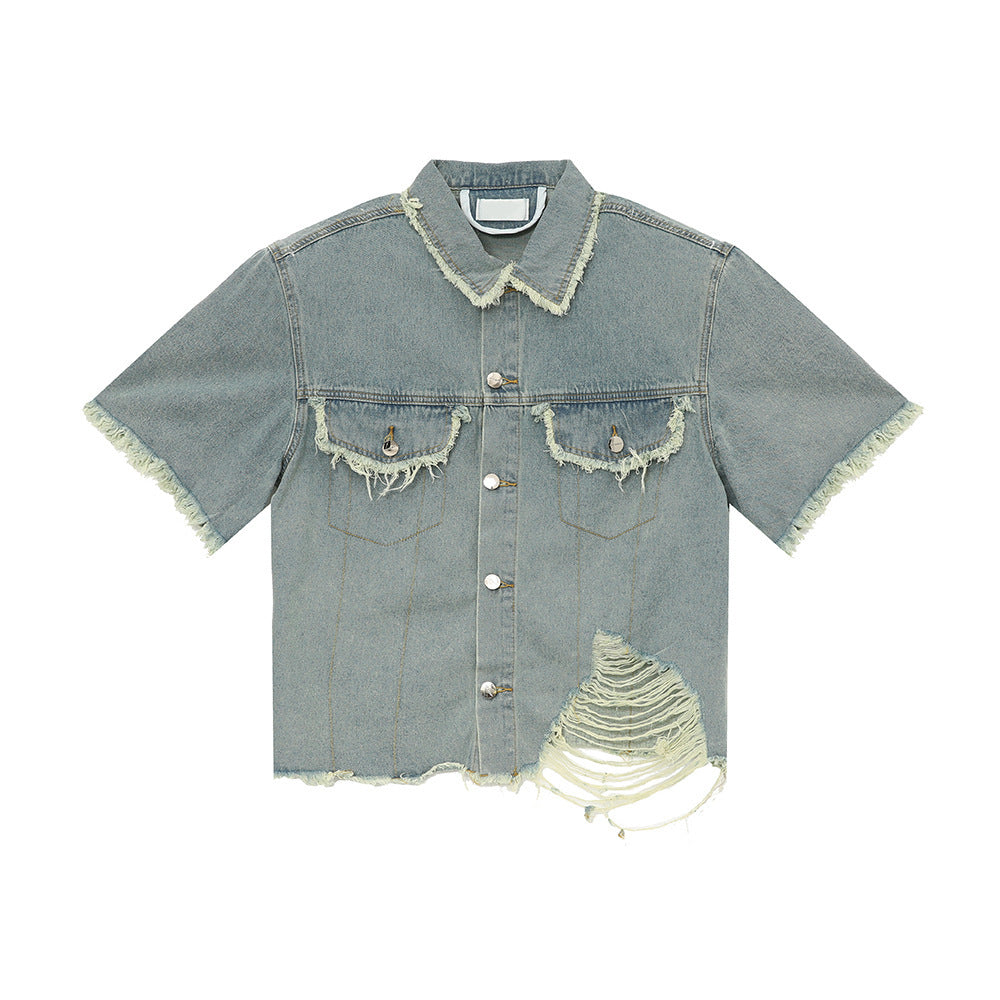 Amerikanischer Pu Shuai Burrs Tassels Broken Hole Design Denim Anzug