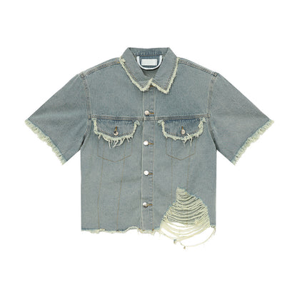 Amerikanischer Pu Shuai Burrs Tassels Broken Hole Design Denim Anzug