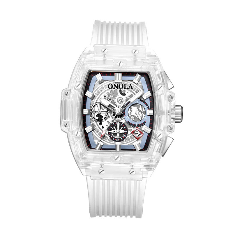 Transparent men's watch with skeleton design