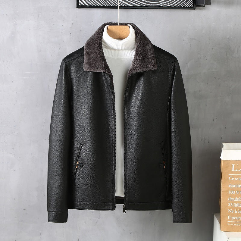Men's leather jacket with lapels and fleece lining