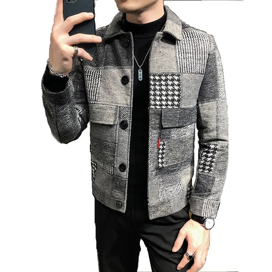 Nueva chaqueta para hombre confeccionada en tejido de lana empalmada con estampado de cuadros, corte entallado
